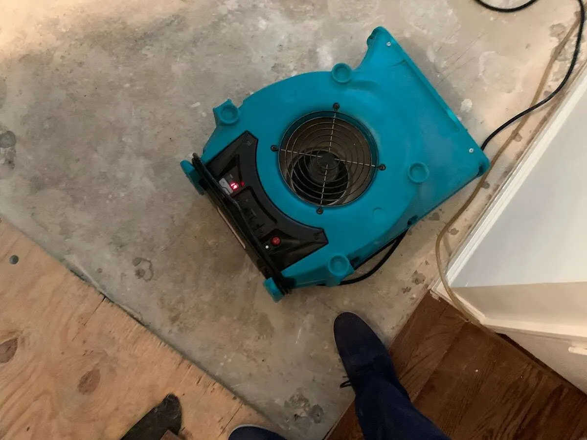 Air mover drying subfloor during Commercial Water Damage Restoration in Raleigh